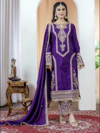 Designer Wine Chinon Silk Embroidered Top with Plazzo and Dupatta