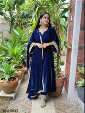 Elegant Navy Blue Viscose Velvet Embroidered Party Wear Suit