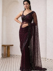Elegant Maroon Glamour Soft Net Saree with Hologram Sequin & Thread Work