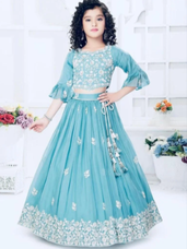 Faux Georgette Peach Kids Lehenga Choli with Embroidery Work & Fancy Dupatta