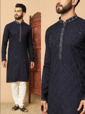 Navy Blue Party Wear Silk Kurta with Embroidered Sequins Work & Cotton Pajama