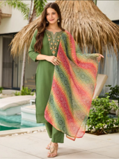 Elegant Mehndi Green Rayon Kurti Pant Dupatta Set